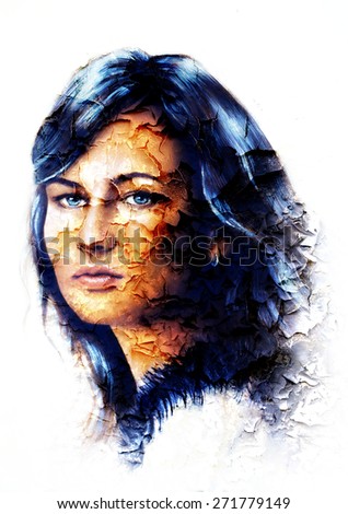 Young woman portrait, with long dark hair and blue eye , color painting, white background, crackle effect