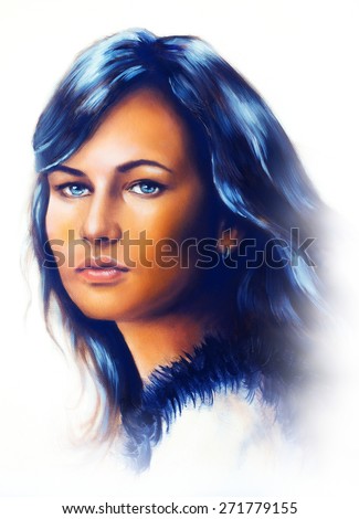 Young woman portrait, with long dark hair and blue eye , color painting, white background