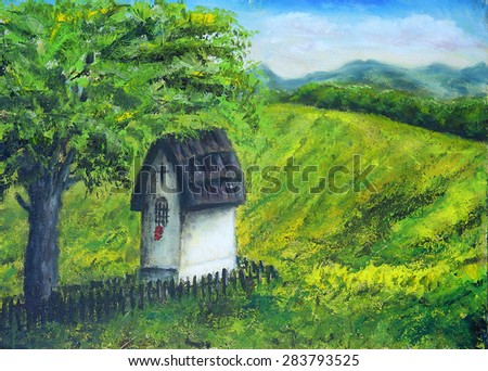 Chapel in nature under the linden tree, color oil painting. Beauty mountains and lake in the background. And beautiful blue cloud and sky