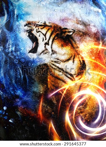 painting  tiger, collage on drop and spot  background, wildlife animals. and light circle