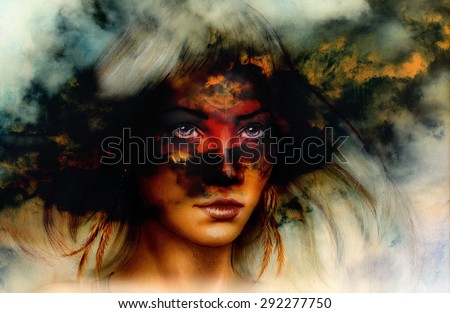 woman portrait, with ornament tattoo on face and feathers jewels. And fire clouds background