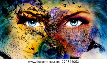 Planet Earth and blue human eye with violet and pink day makeup. woman eye painting.