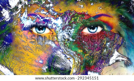 Planet Earth and blue human eye with violet and pink day makeup. woman eye painting.