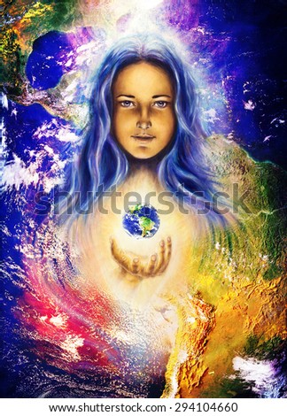 Mystic woman and earth collage. Hands holding planet Earth. Woman illustration.