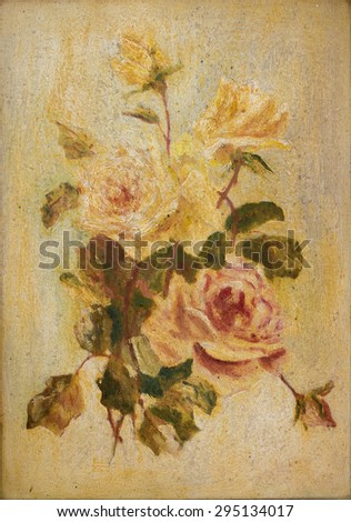 Old painting purple rose. Art floral colorful.
