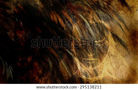 Bird  Feathers and woman face , black, gold, white color background on paper rust effect.