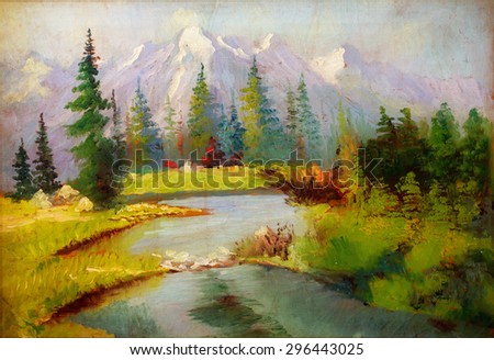 Landscape painting. River and miscellaneous and trees\
.Snow covered mountains in the background.