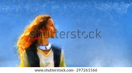 woman in a medieval dress and blue sky background, computer painting collage, copy space.