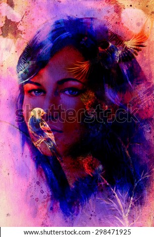 Young woman portrait, and blue eye , with bird, color painting and spots structure, Abstract background