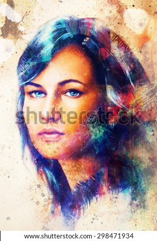 Young woman portrait, and blue eye , with spring flowers, color painting and spots structure, Abstract background