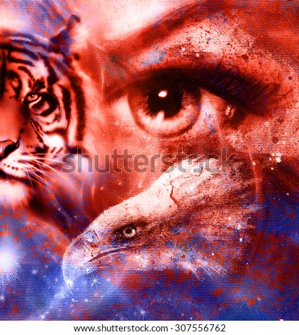 Goddess Woman eye  in space with light stars and eagles head, Eye contact. Abstract color background
