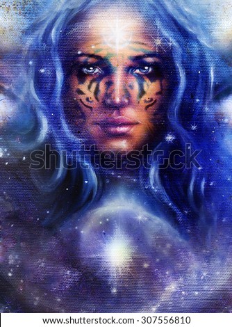 Goddess Woman with tattoo on face in space with light stars