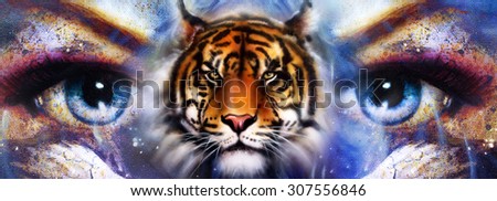 Goddess Woman in space with light stars. With tiger.