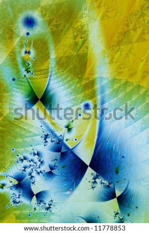 Fly of blue butterflies on spring abstract background drawing in fractal art