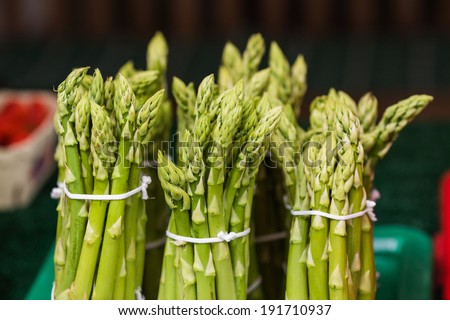 Fresh from farm bio green asparagus bunches on the market in the spring. Asparagus is low in calories and rich with vitamins.