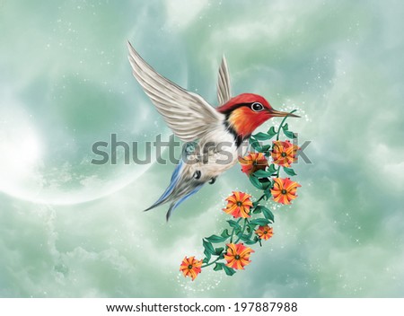 Fantastic hummingbird flying in the sky with flowers in the peak