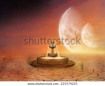 Fountain in a desert with a fantastic sky with two moons. Elements of the image furnished by NASA