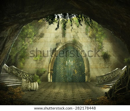 fantasy cave with a ruined castle inside, marble staircase and a painting