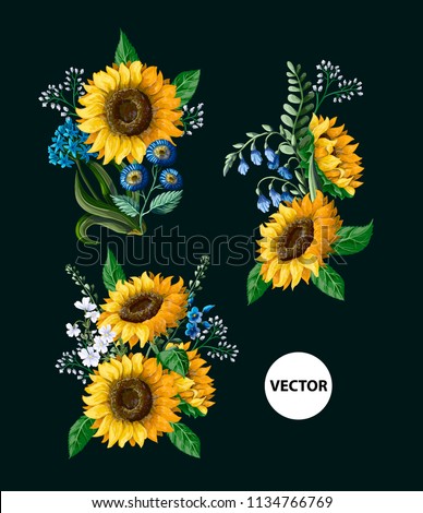 Sunflowers bouquet with wild flower isolated. Vector illustration.