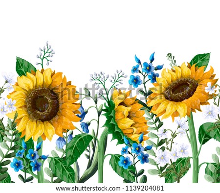 Border with Sunflowers bouquet and wild flower.