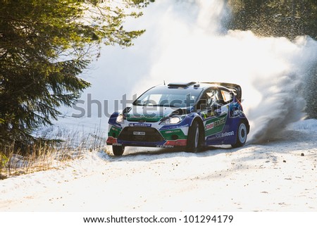 HAGFORS, SWEDEN - FEB 09: Jarri-Matti Latvala in his Ford Fiesta WRC during the Shakedown stage in  Rally Sweden 2012 in Hagfors , Sweden on Feb 9, 2012