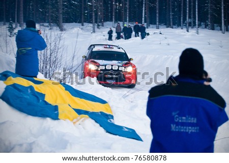 HAGFORS, SWEDEN - FEB 12: Petter Solberg drives as citroen ds3 during the World Rally Championship event Rally Sweden 2011 in Hagfors, Sweden on Febraruy 12, 2011