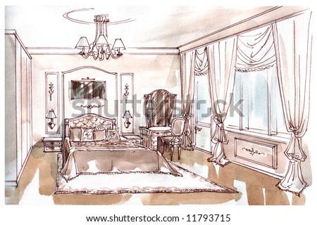 Water-Colour Sketch Of An Interior Of A Bedroom Stock P