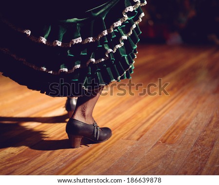 Woman legs in flamenco skirt and shoes