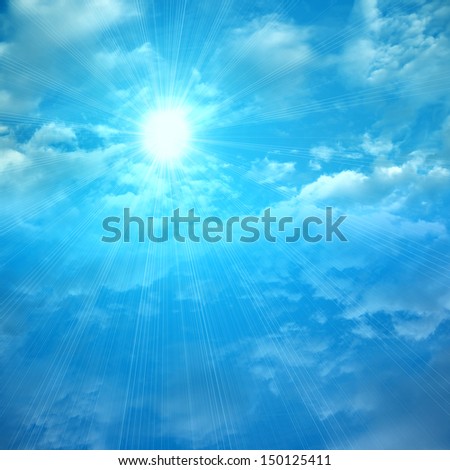 sky blue background with sun rays and clouds silhouette