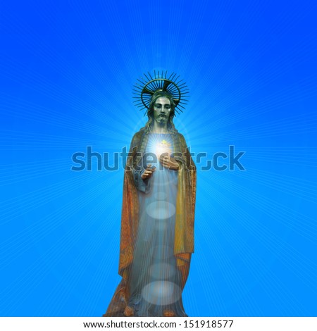 Concept statue of jesus religion,symbol,silhouette on background with blue skies and sun rays,Christ,face,metaphor,religious,Jesus,faith,prayer,god,belief,piety, church
