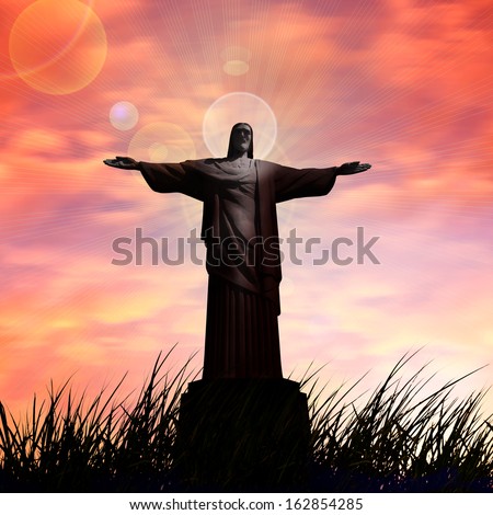 jesus, in a grass, sunset,sunrise sky background