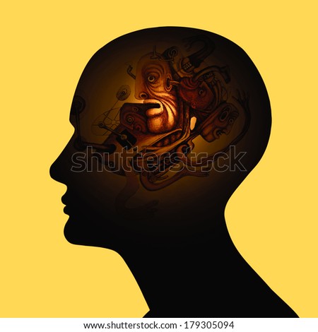 human head with drawings and yellow background