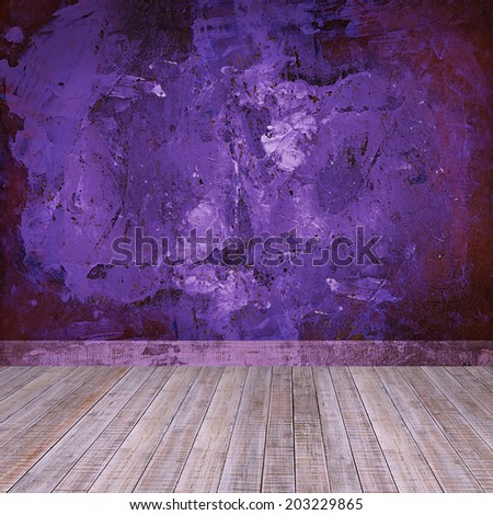 vintage room interior with wood floor and violet color wall background
