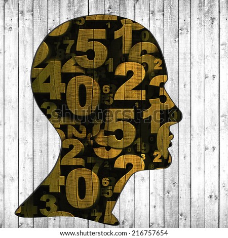 human head with numbers of wood and wood background