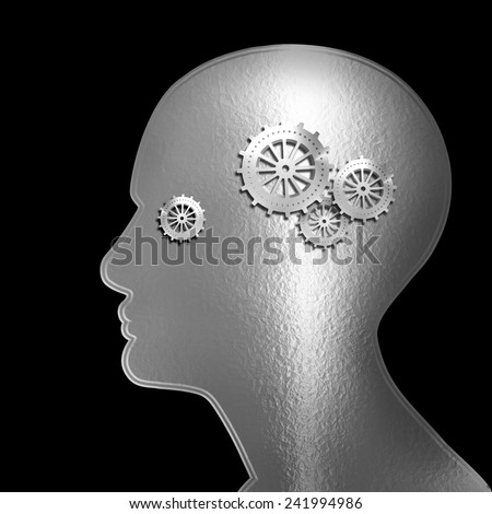 human head with gears and black background