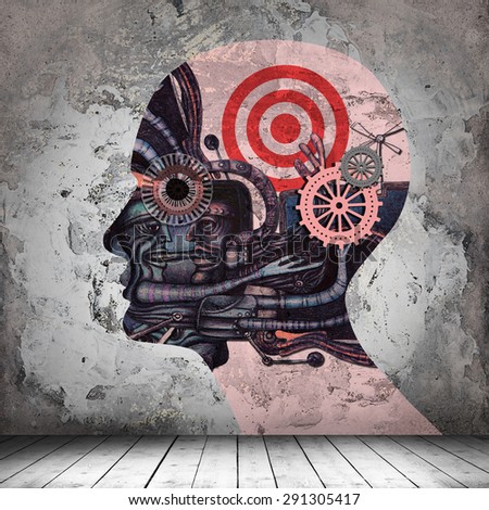 human head,drawings ,gears interior room  with copyspace for text and wall background