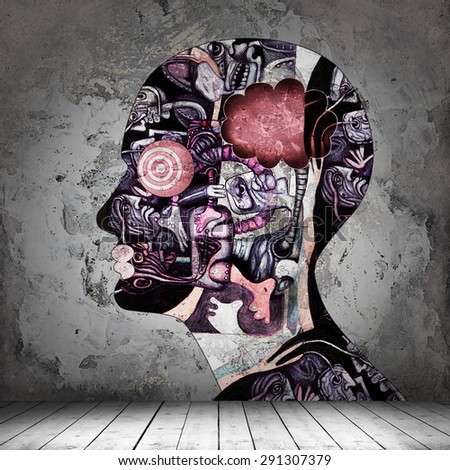 human head,drawings interior room  with copyspace for text and wall background