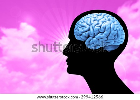 human head with brain,sky.sun and clouds background