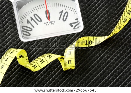Measuring tape on black weight scale.