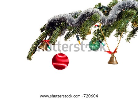 decorated christmas tree branch on white