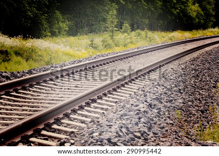 Railroad tracks in the summer time. Birch forest is surrounding the tracks. Image has a vintage effect.