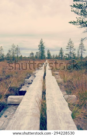 Nature trail made from duckboards in the northern part of Finland during autumn. Image has a vintage effect.