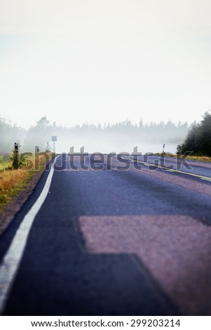 Life is a journey as they say. An image of a very foggy road in Finland during sunrise. Image has a strong vintage effect.
