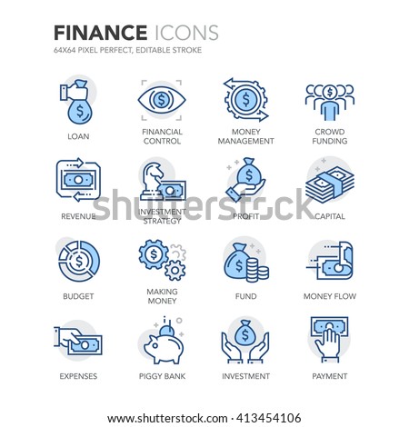 Simple Set of Finance Related Color Vector Line Icons. 
Contains such Icons as Crowd Funding, Money Flow, Money Management, Investment Strategy and more. Editable Stroke. 64x64 Pixel Perfect.