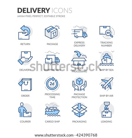 Simple Set of Delivery Related Color Vector Line Icons. \
Contains such Icons as Loading, Express Delivery, Tracking Number Search, Cargo Ship and more. \
Editable Stroke. 64x64 Pixel Perfect.