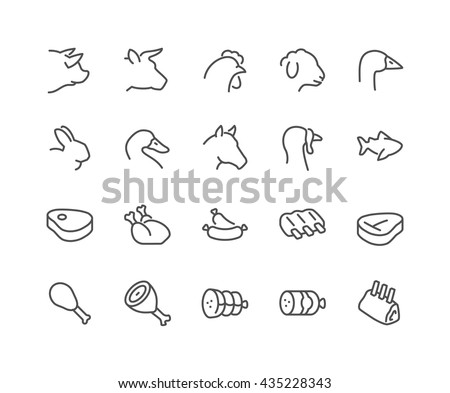 Simple Set of Meat Related Vector Line Icons. \
Contains such Icons as Pork, Beef, Goose, Rabbit, Duck, Horse, Turkey, Fish and more. \
Editable Stroke. 48x48 Pixel Perfect.