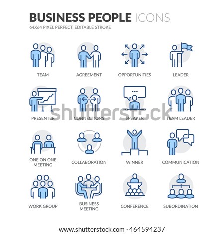 Simple Set of Business People Related Color Vector Line Icons. \
Contains such Icons as  Business Meeting, Handshake, Agreement, One on One Meeting and more. \
Editable Stroke. 64x64 Pixel Perfect.