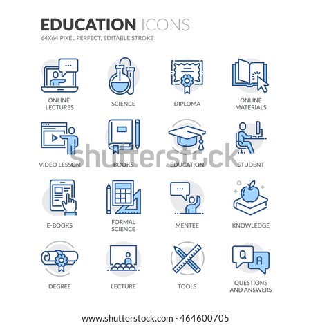Simple Set of Education Related Color Vector Line Icons. \
Contains such Icons as Online Education, Video Lesson, Hat, E-books and more. \
Editable Stroke. 64x64 Pixel Perfect.