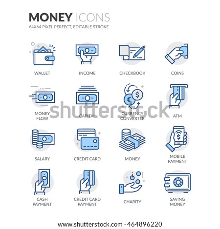 Simple Set of Money Related Color Vector Line Icons. \
Contains such Icons as Wallet, Credit Card Payment, Money Flow and more.\
Editable Stroke. 64x64 Pixel Perfect.