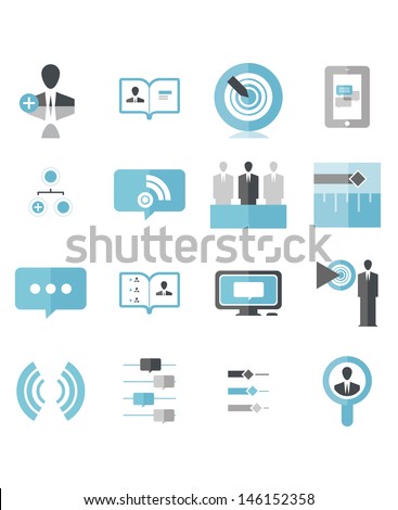 Modern Social Business Icons that include: Add Person, Profile Page, Hit Target, Mobile Chat, Social Tablet, Add to group, Feed, Timeline Selection, Speaking, Social Media, Target Demographic, Wifi,